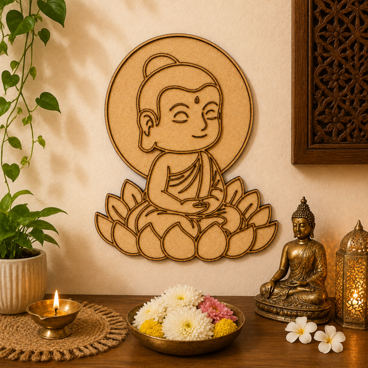 Baby Buddha MDF wooden cutout for meditation décor, yoga rooms, and handcrafted wall decoration.