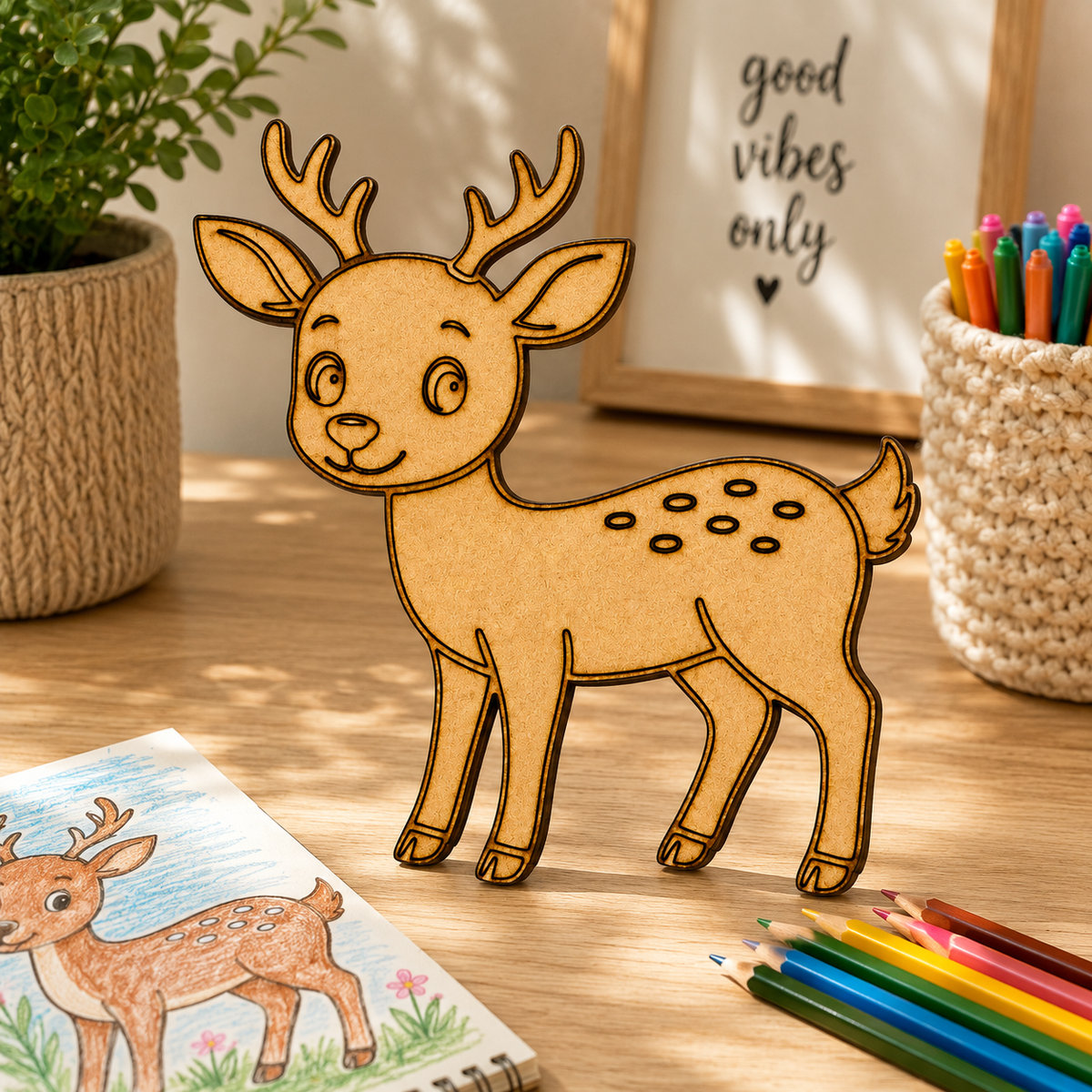 Cute Deer MDF Wooden Cutout | Unfinished Wooden Shape for Painting, Resin Art & DIY Crafts