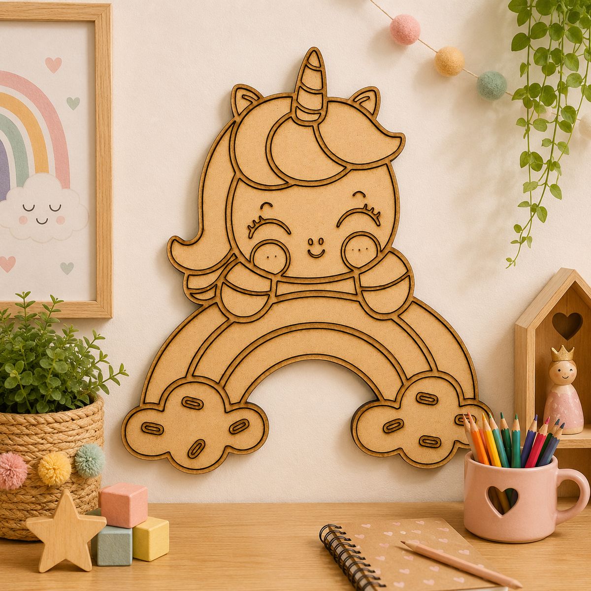 Unicorn with Rainbow MDF Cutout Blank | Wooden Unicorn Rainbow Shape for DIY Crafts, Painting & Nursery Décor