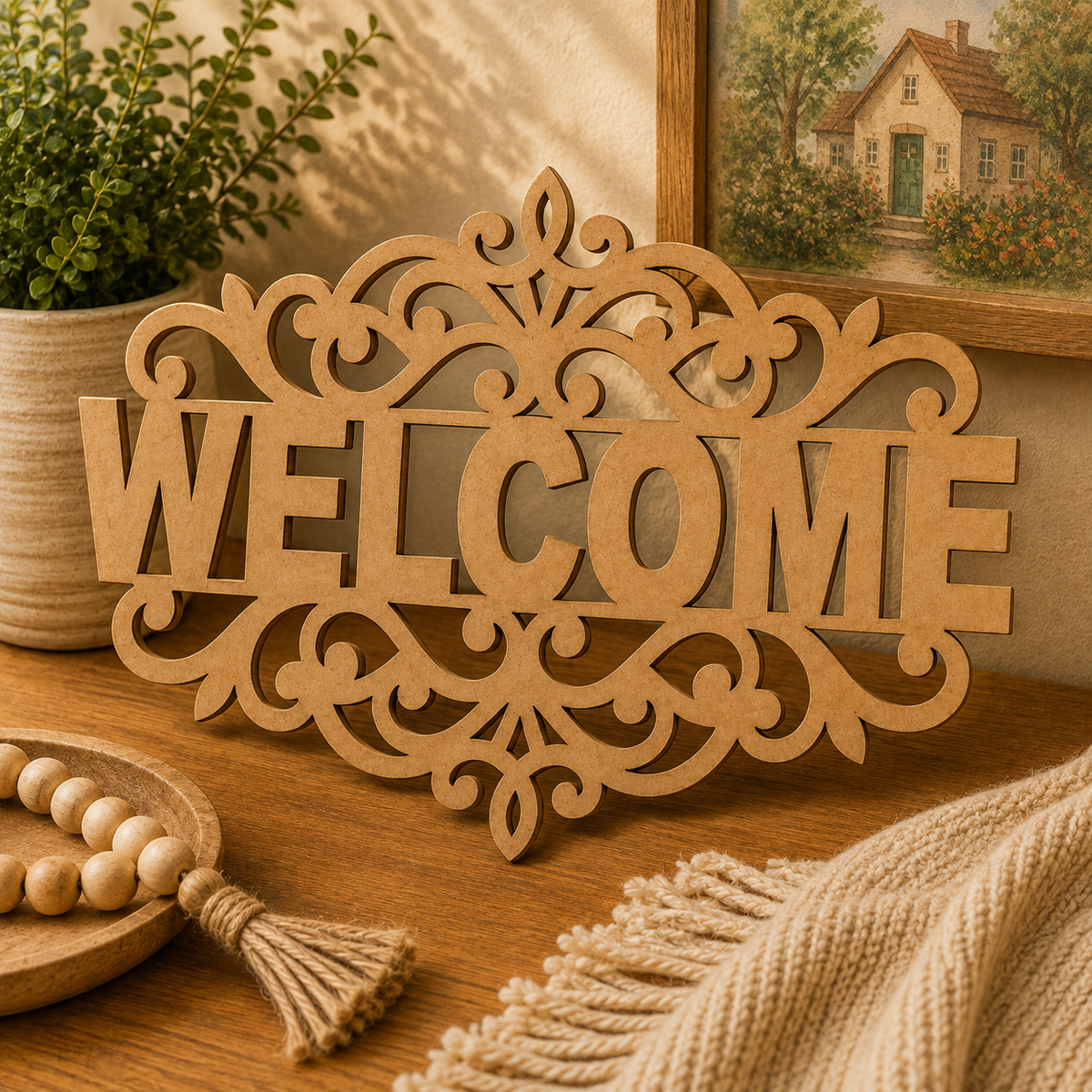 Welcome MDF Wooden Wall Decor Cutout | Decorative Welcome Sign for DIY Home & Door Decor