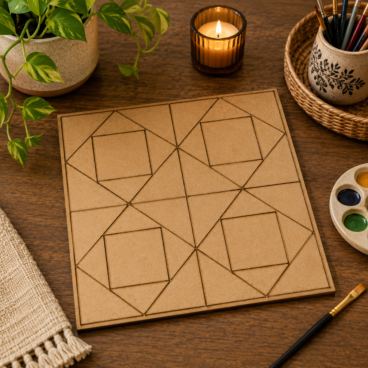 Geometric Square MDF Tile Base | Wooden Pattern Base for Lippan Art, Resin Art & DIY Home Decor