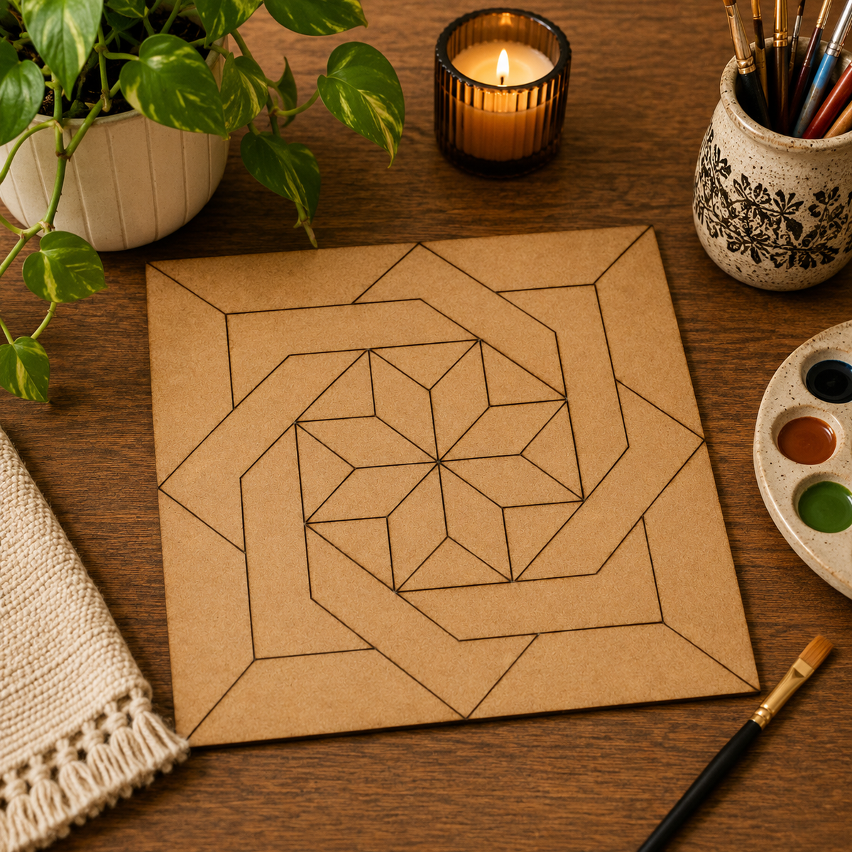 Square Geometric Pattern MDF Craft Base | Laser Cut Wooden Tile for DIY Art & Home Decor