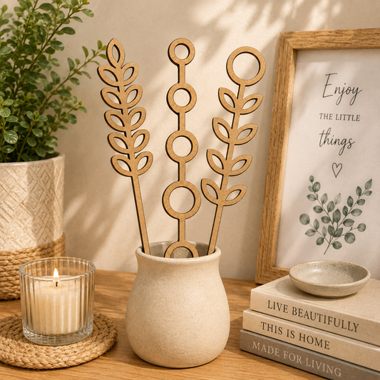 Decorative Floral Stem MDF Wooden Cutout Set | Laser Cut Botanical Leaf & Flower Stems for DIY Crafts and Home Decor