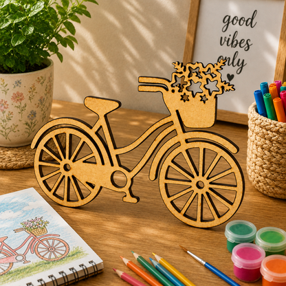 Bicycle MDF Wooden Cutout Blank with Flower Basket | Vintage Cycle Shape for DIY Crafts & Home Décor