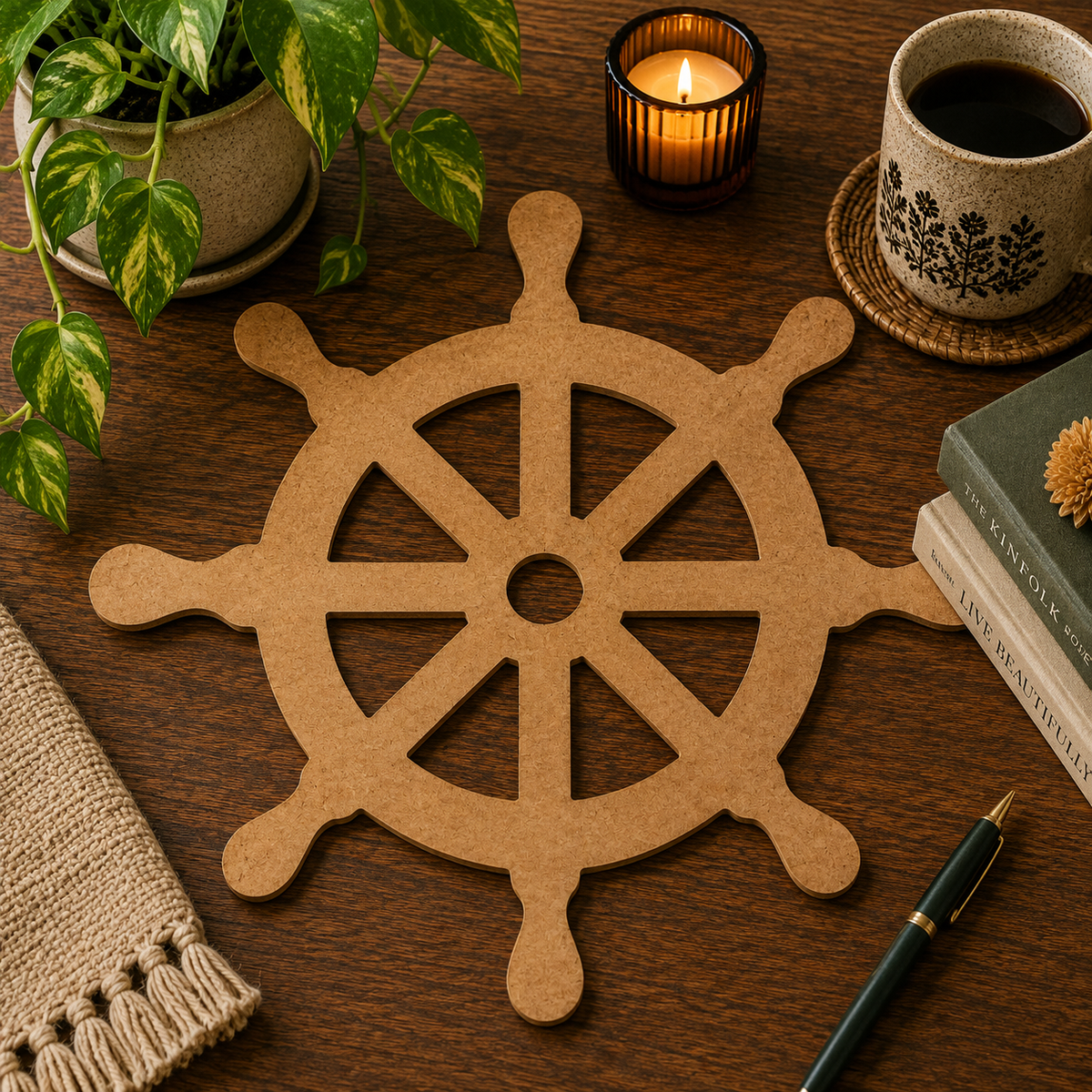 Nautical Ship Wheel Wooden MDF Cutout for DIY Crafts, Wall Decor & Coastal Decorations