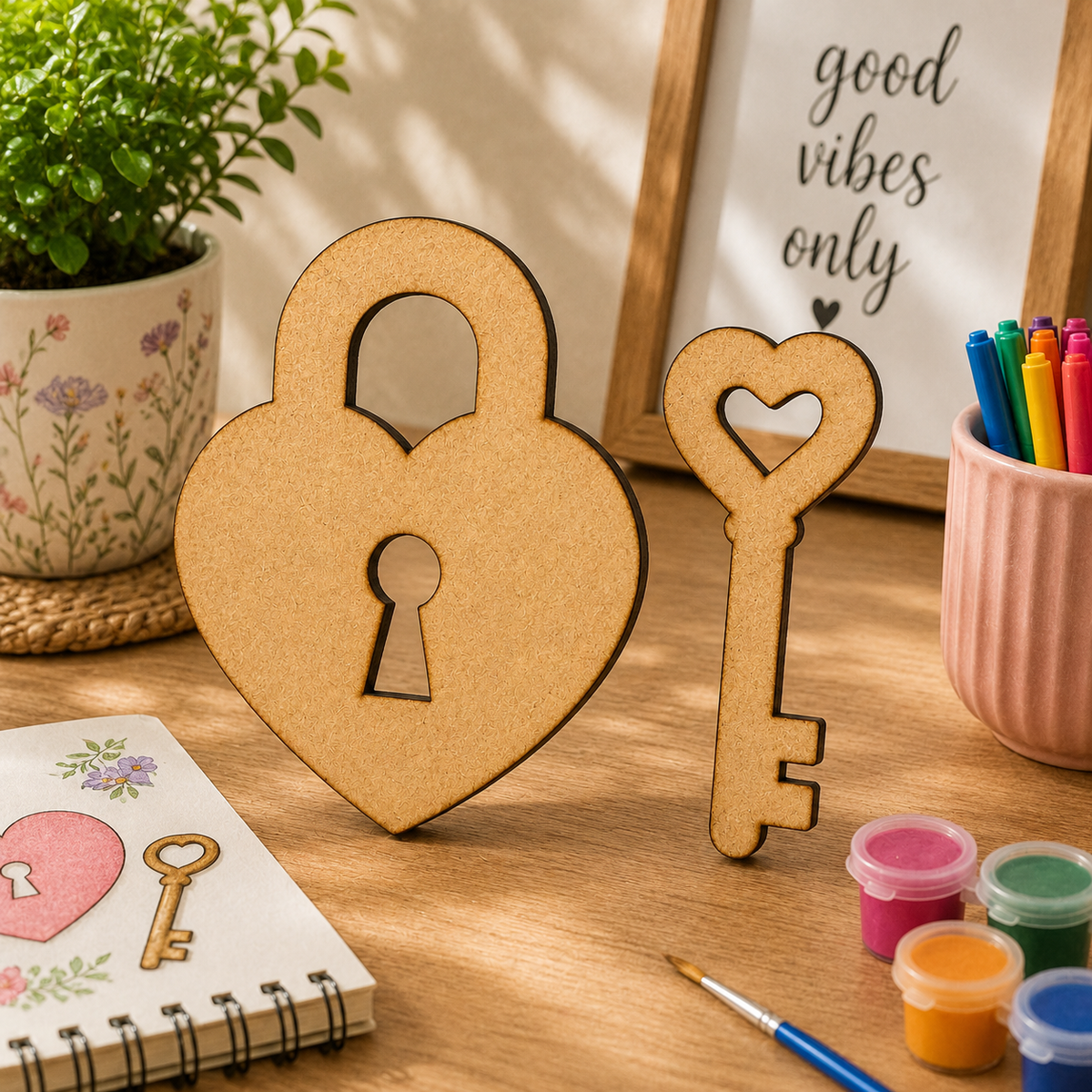Heart Lock & Key MDF Wooden Cutout | Unfinished Wooden Craft Shape for Painting, Resin Art & DIY Projects