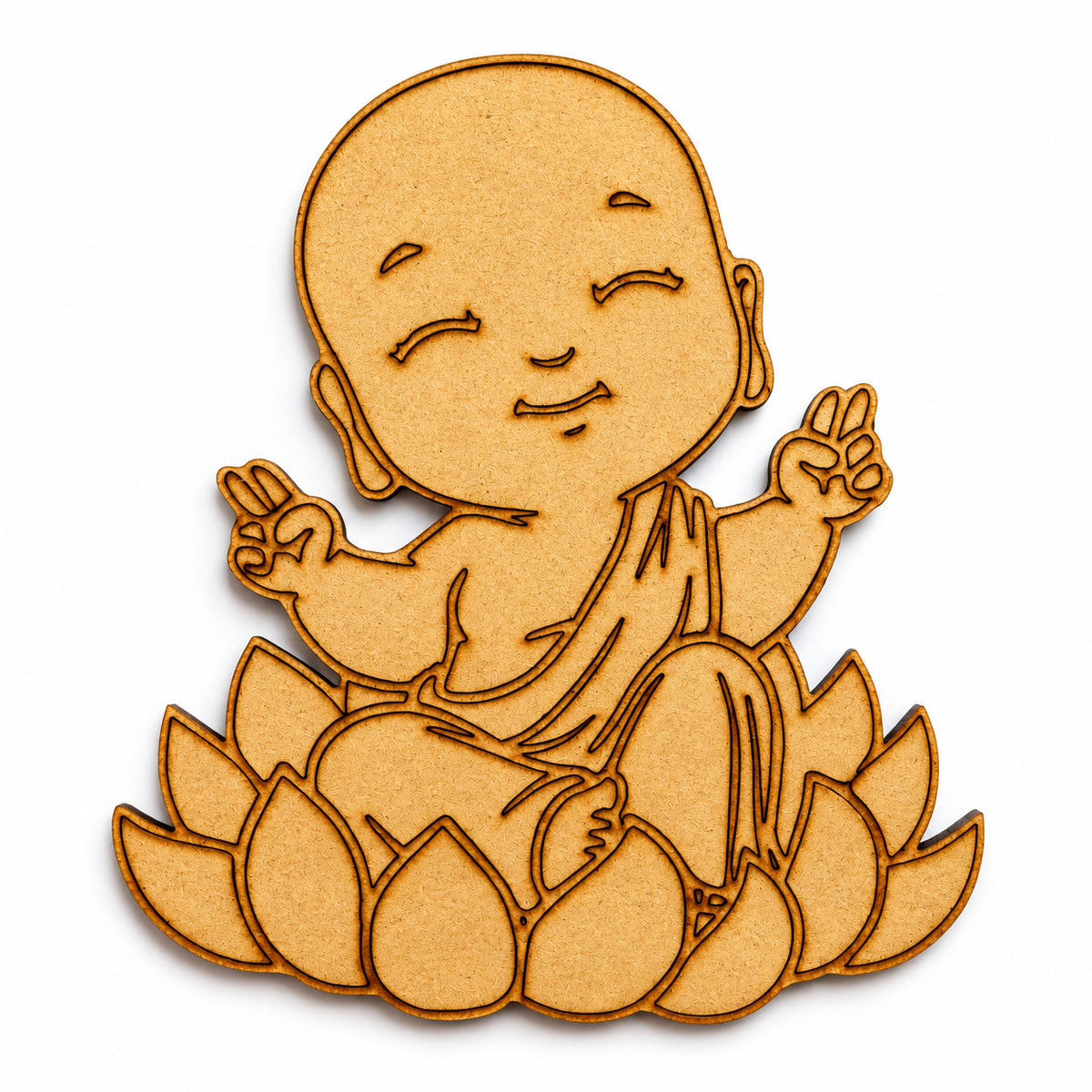 Baby Buddha MDF wooden cutout for meditation room décor, Zen home decoration, spiritual wall art, and yoga studio décor.