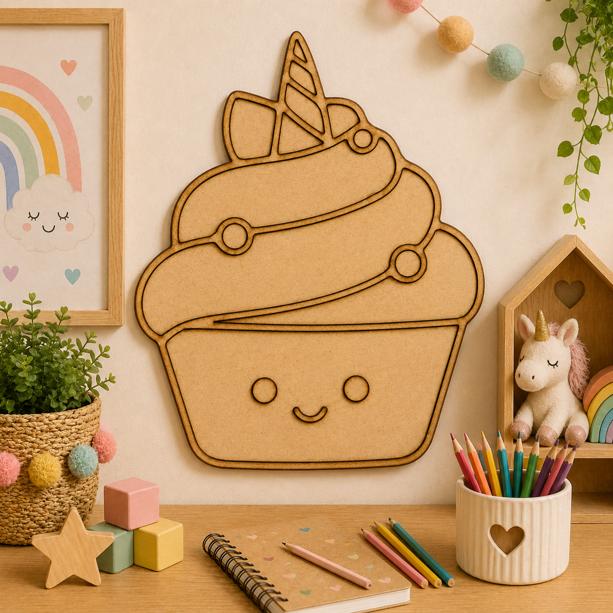 Unicorn Ice Cream MDF Cutout Blank | Wooden Cupcake Shape for DIY Crafts, Painting & Nursery Décor