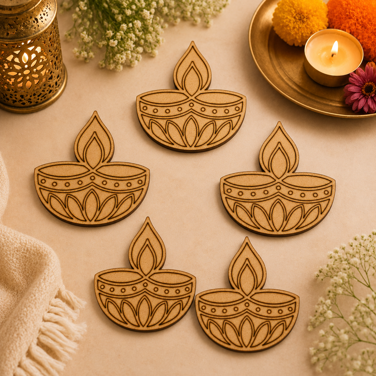 Diya MDF wooden cutout for DIY wall décor and pooja room decor