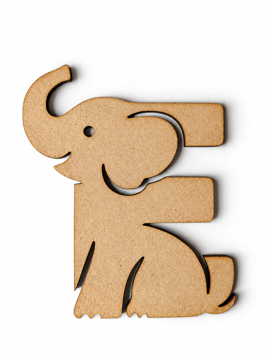 Elephant Letter E MDF Wooden Cutout | Animal Alphabet E Craft Blank for Kids, Painting & Décor