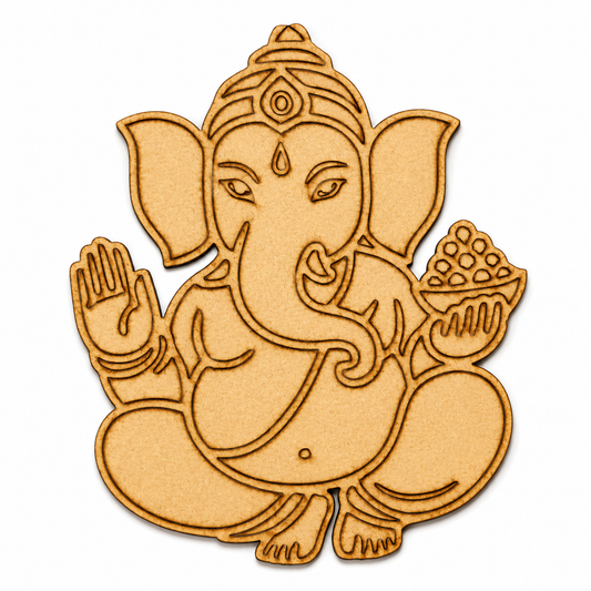 Lord Ganesha MDF wooden cutout for pooja room décor, home temple decoration, Ganesh Chaturthi décor and spiritual wall art.