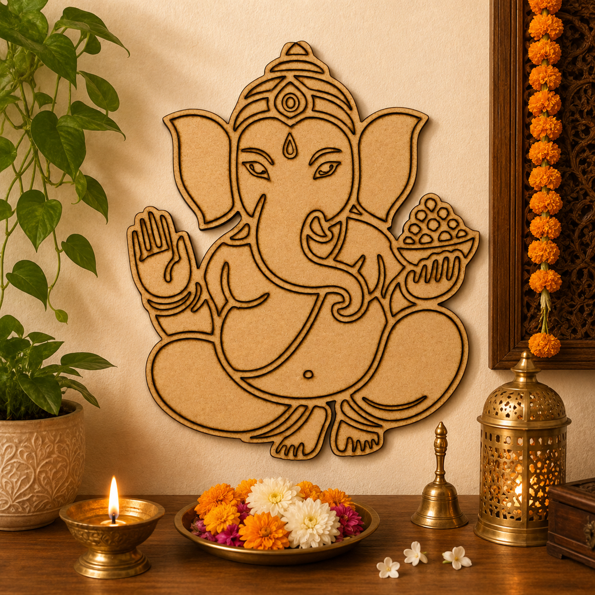 Ganesha MDF wooden cutout for pooja room décor, home temple decoration, Ganesh Chaturthi décor, spiritual wall art