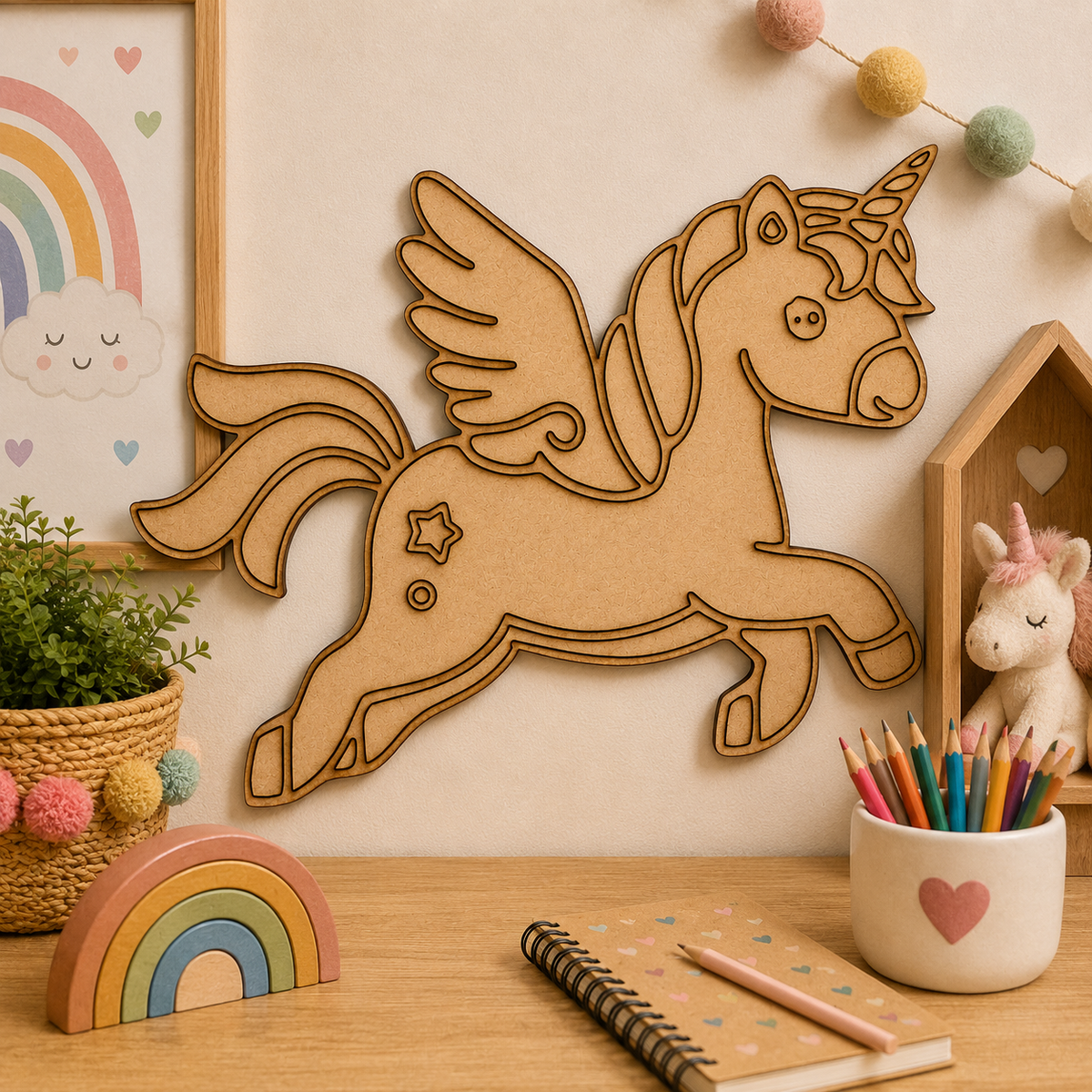 Flying Unicorn MDF Cutout Blank | Wooden Pegasus Unicorn Shape for DIY Crafts, Painting & Nursery Décor