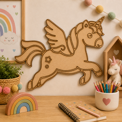 Flying Unicorn MDF Cutout Blank | Wooden Pegasus Unicorn Shape for DIY Crafts, Painting & Nursery Décor
