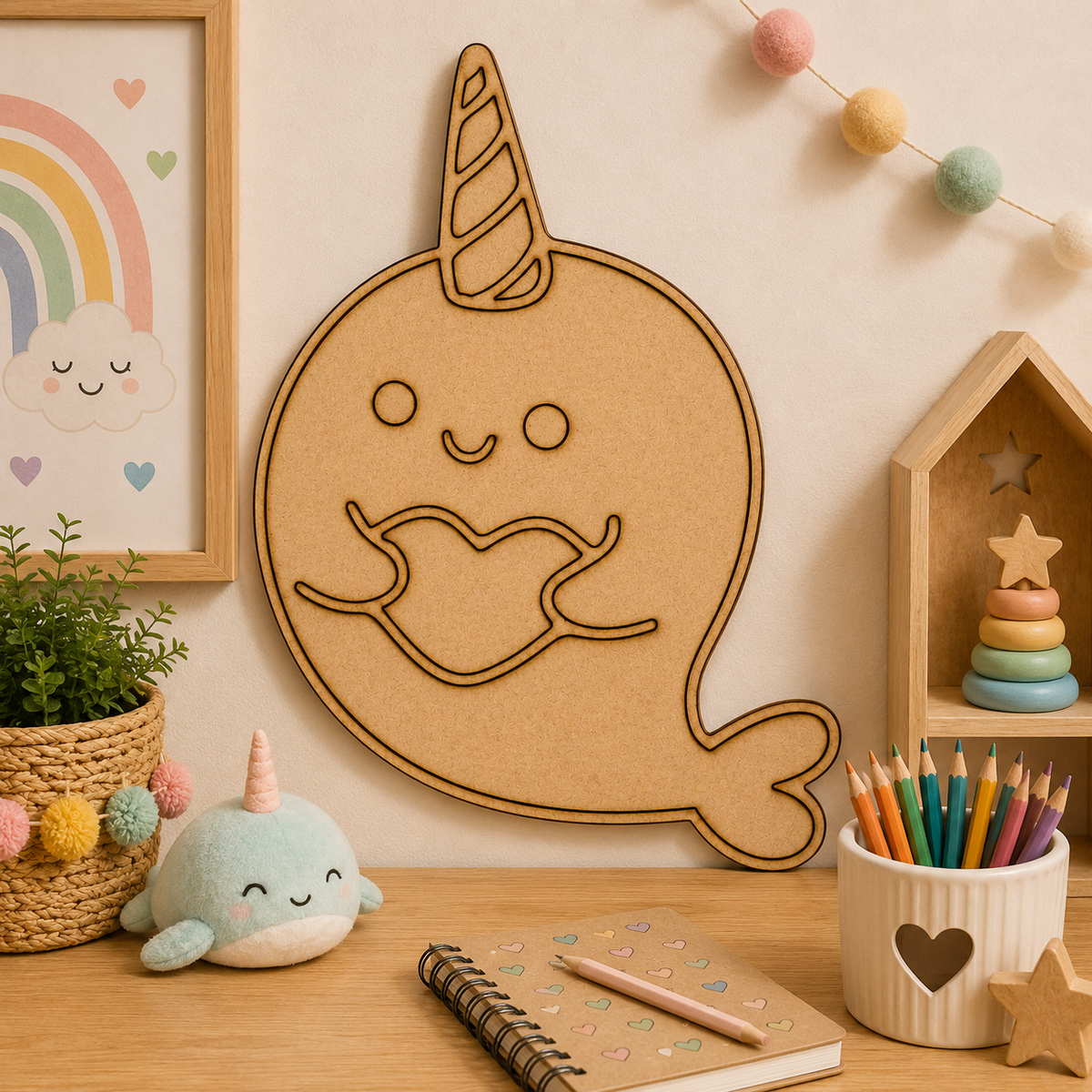 Unicorn Fish MDF Cutout Blank | Wooden Narwhal Shape for DIY Crafts, Painting & Nursery Décor