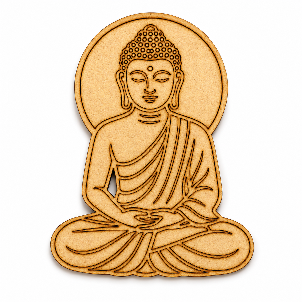 Meditating Buddha MDF wooden cutout for DIY wall décor and creative craft projects.