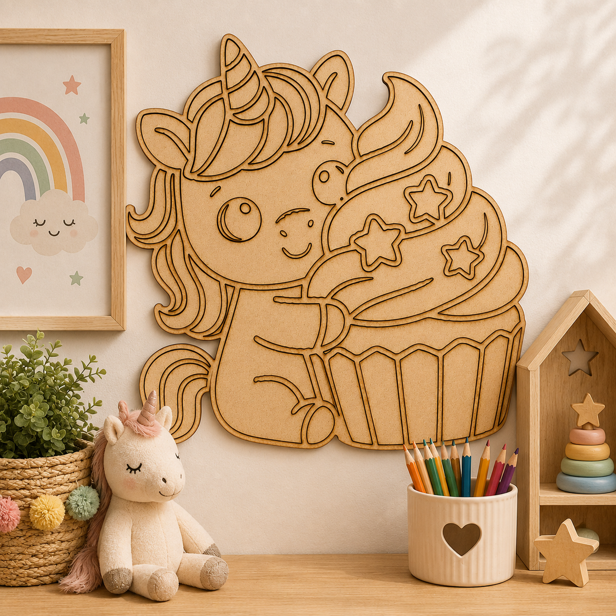 Unicorn with Cupcake MDF Cutout Blank | Wooden Unicorn Cupcake Shape for DIY Crafts, Painting & Nursery Décor