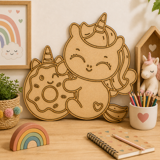 Cute Unicorn with Donut MDF Wooden Cutout Blank for Kids Room Décor & DIY Crafts
