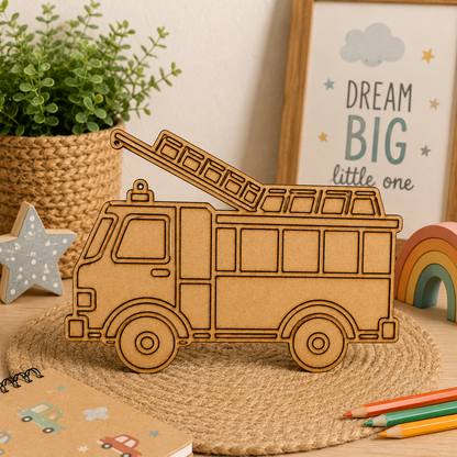 Fire Truck MDF Wooden Cutout Blank | Wooden Fire Engine Shape for DIY Crafts, Painting & Kids Décor