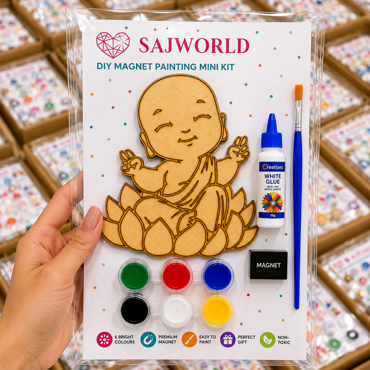 Baby Buddha MDF DIY Magnet Painting Mini Kit with paints, brush, glue and magnet for kids, schools and birthday return gifts by SajWorld