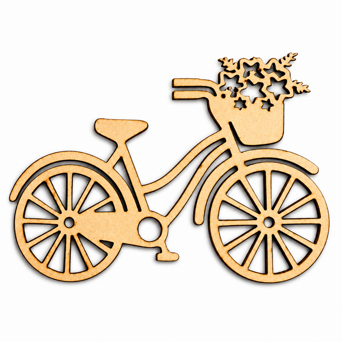 Vintage bicycle MDF wooden cutout with flower basket for painting, resin art, floral décor, home decoration, and DIY craft projects.