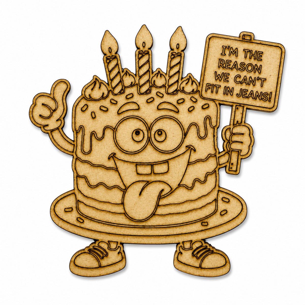 Birthday Cake MDF wooden cutout blank with cute cartoon design for painting, resin art, birthday decorations, and DIY craft projects.