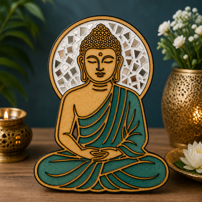 Meditating Buddha MDF wooden cutout for DIY wall décor and creative craft projects.