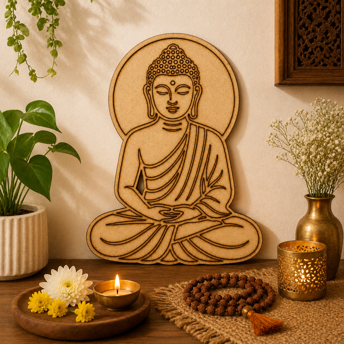 Meditating Buddha MDF cutout for DIY wall décor, meditation room decor, creative craft projects