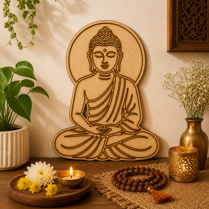 Meditating Buddha MDF cutout for DIY wall décor, meditation room decor, creative craft projects