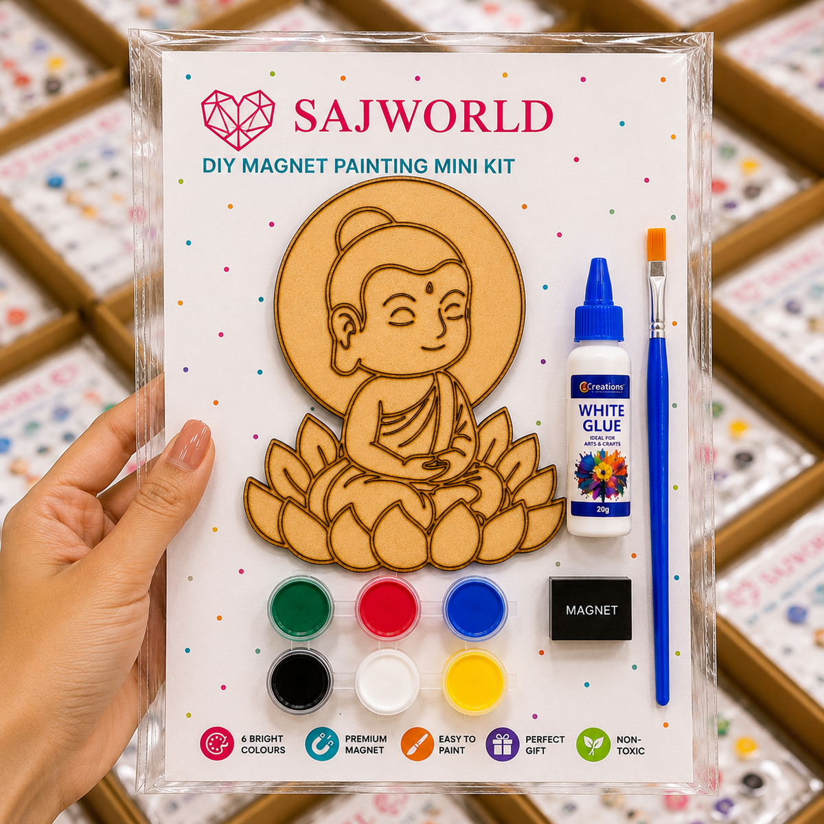 Buddha MDF DIY Magnet Painting Mini Kit with paints, brush, glue and magnet for kids, schools and birthday return gifts