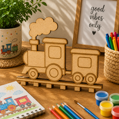 Train MDF Wooden Cutout Blank | Wooden Steam Train Shape for DIY Crafts, Painting & Kids Decor
