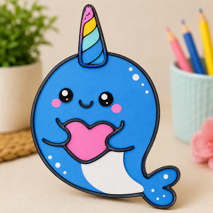 Cute narwhal MDF wooden cutout with heart design for DIY painting, resin art, kids crafts, nursery décor and personalized creative projects