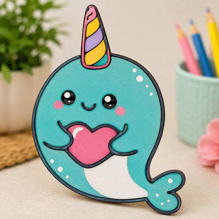 Cute narwhal MDF wooden cutout with heart design for DIY painting, resin art, kids crafts, nursery décor and personalized creative projects