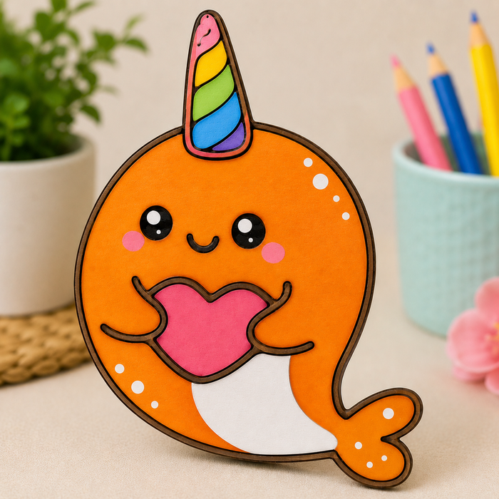 Cute narwhal MDF wooden cutout with heart design for DIY painting, resin art, kids crafts, nursery décor and personalized creative projects