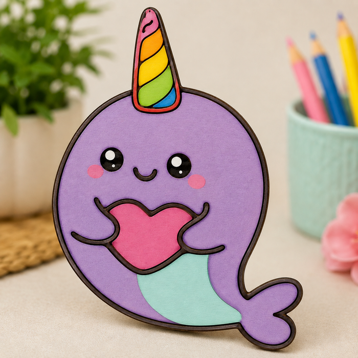 Cute narwhal MDF wooden cutout with heart design for DIY painting, resin art, kids crafts, nursery décor and personalized creative projects