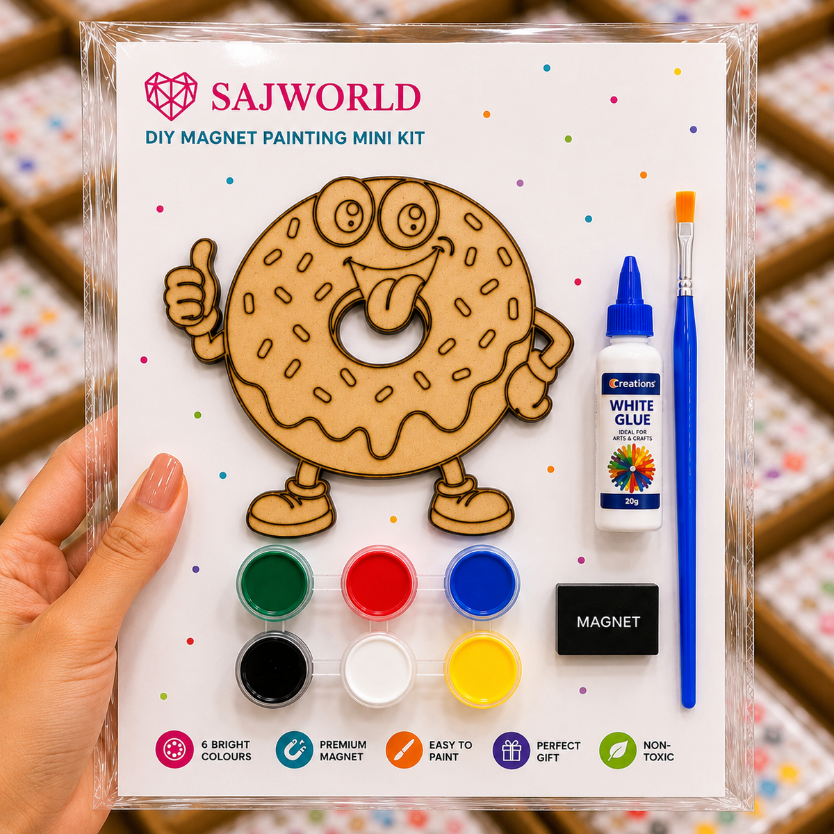 Donut MDF DIY Magnet Painting Mini Kit with paints, brush, glue and magnet for kids, schools and birthday return gifts by SajWorld