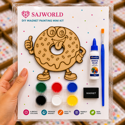 Donut MDF DIY Magnet Painting Mini Kit with paints, brush, glue and magnet for kids, schools and birthday return gifts by SajWorld