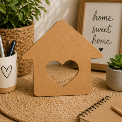 House Wooden MDF Cutout with Heart | Laser Cut Home Craft Shape for DIY Wall Decor & Gift Projects