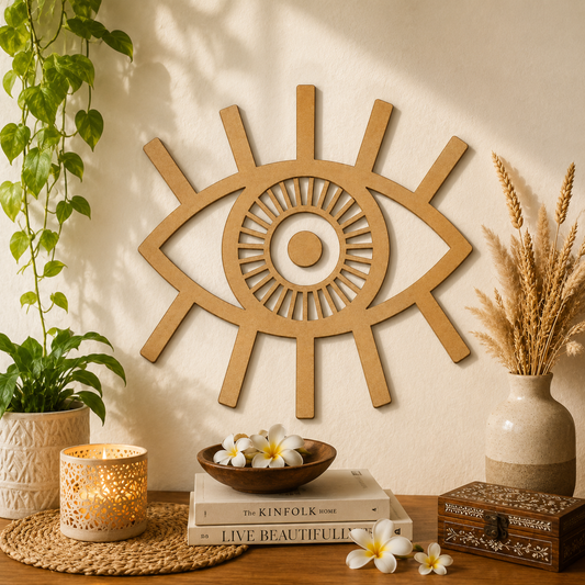 Evil Eye Sun MDF wooden cutout for DIY wall décor and creative craft projects.