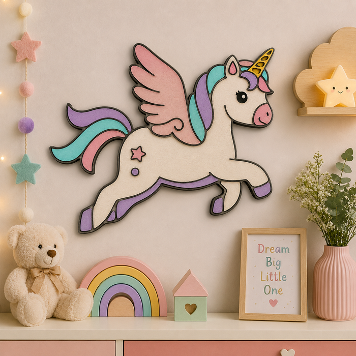 Flying unicorn MDF wooden cutout for DIY painting, nursery décor, resin art, kids crafts and personalised gifts