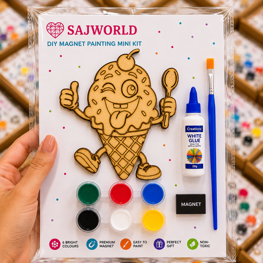 Ice Cream MDF DIY Magnet Painting Mini Kit with paints, brush, glue and magnet for kids, schools and birthday return gifts by SajWorld