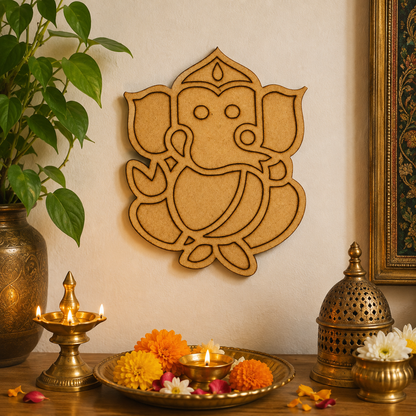 Lord Ganesha MDF wooden cutout for pooja room décor and DIY wall decoration.