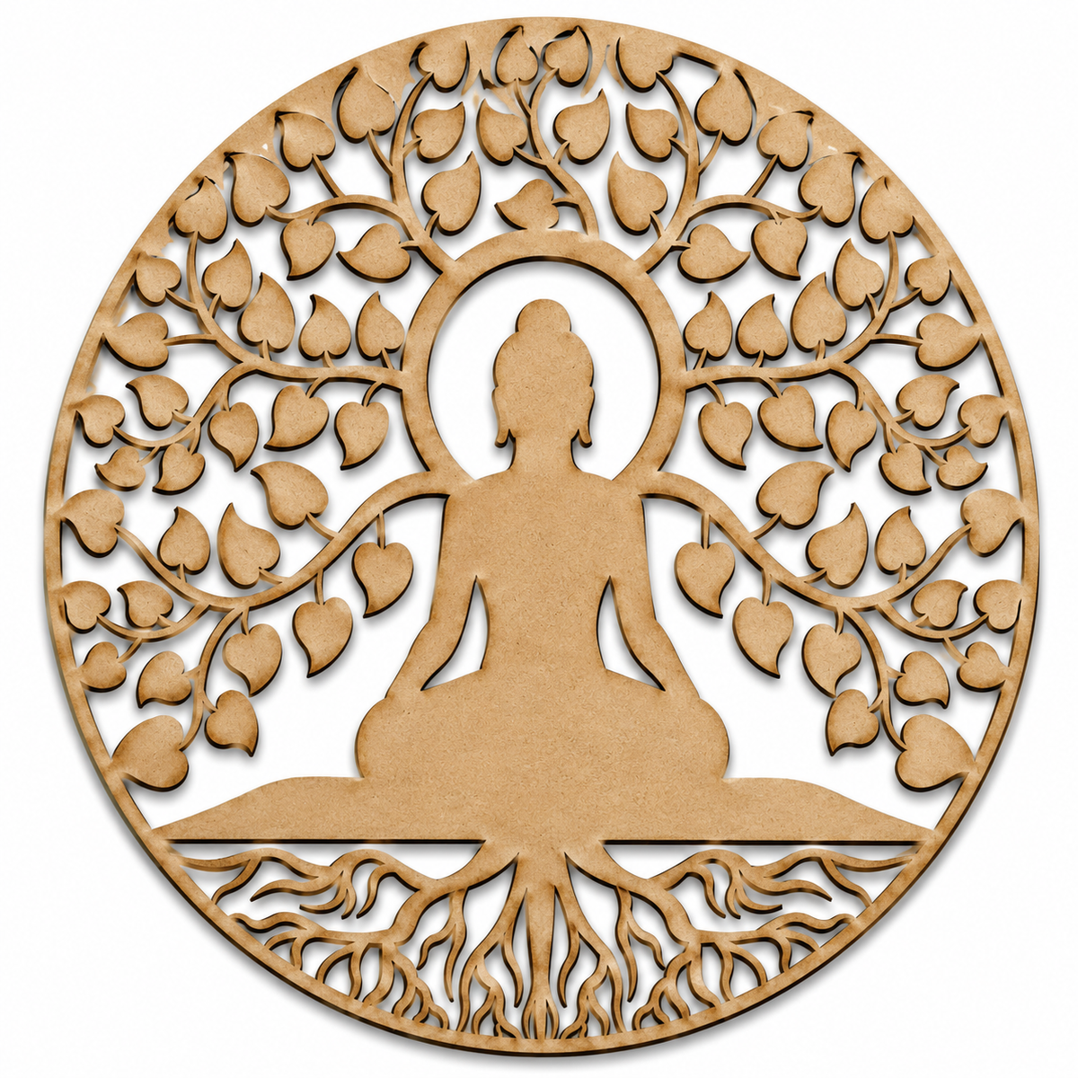 Meditating Buddha MDF wooden cutout for DIY wall décor and creative craft projects.
