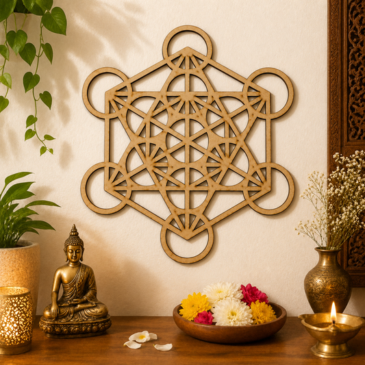 Metatron's Cube MDF wooden cutout for DIY wall décor and creative craft projects.