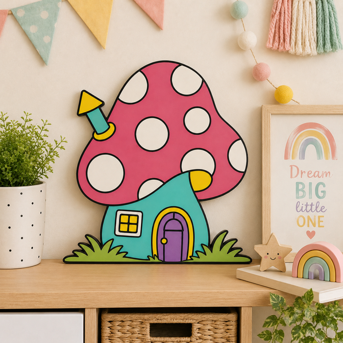 Mushroom house MDF wooden cutout for woodland-themed crafts, painting, resin art and DIY home décor