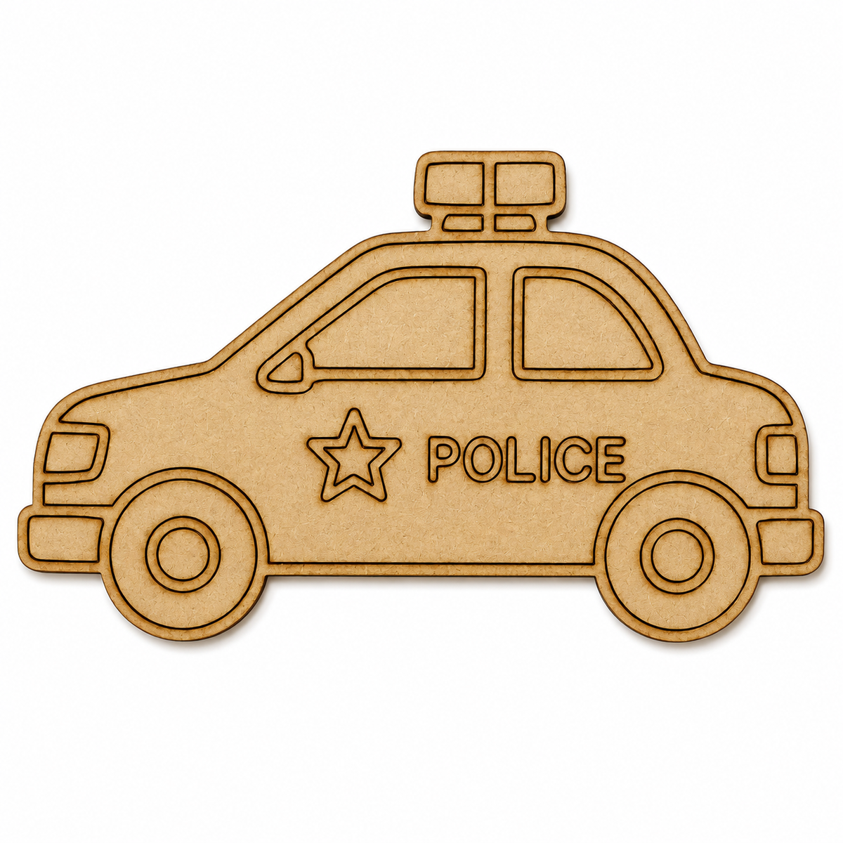 Police car MDF wooden cutout blank for painting, resin art, transportation-themed crafts and DIY creative projects