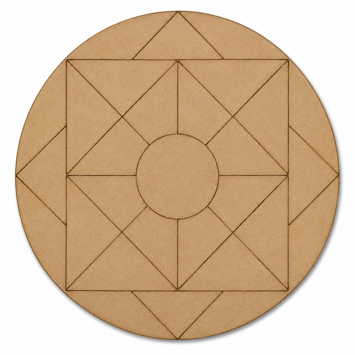 Round geometric MDF base with symmetrical pattern for Lippan art, resin art, mandala painting, mirror work, and DIY wooden craft projects.