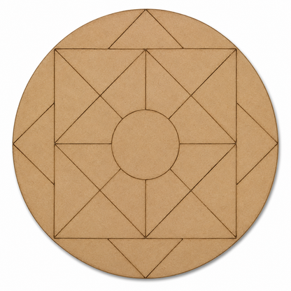 Round geometric MDF base with symmetrical pattern for Lippan art, resin art, mandala painting, mirror work, and DIY wooden craft projects.