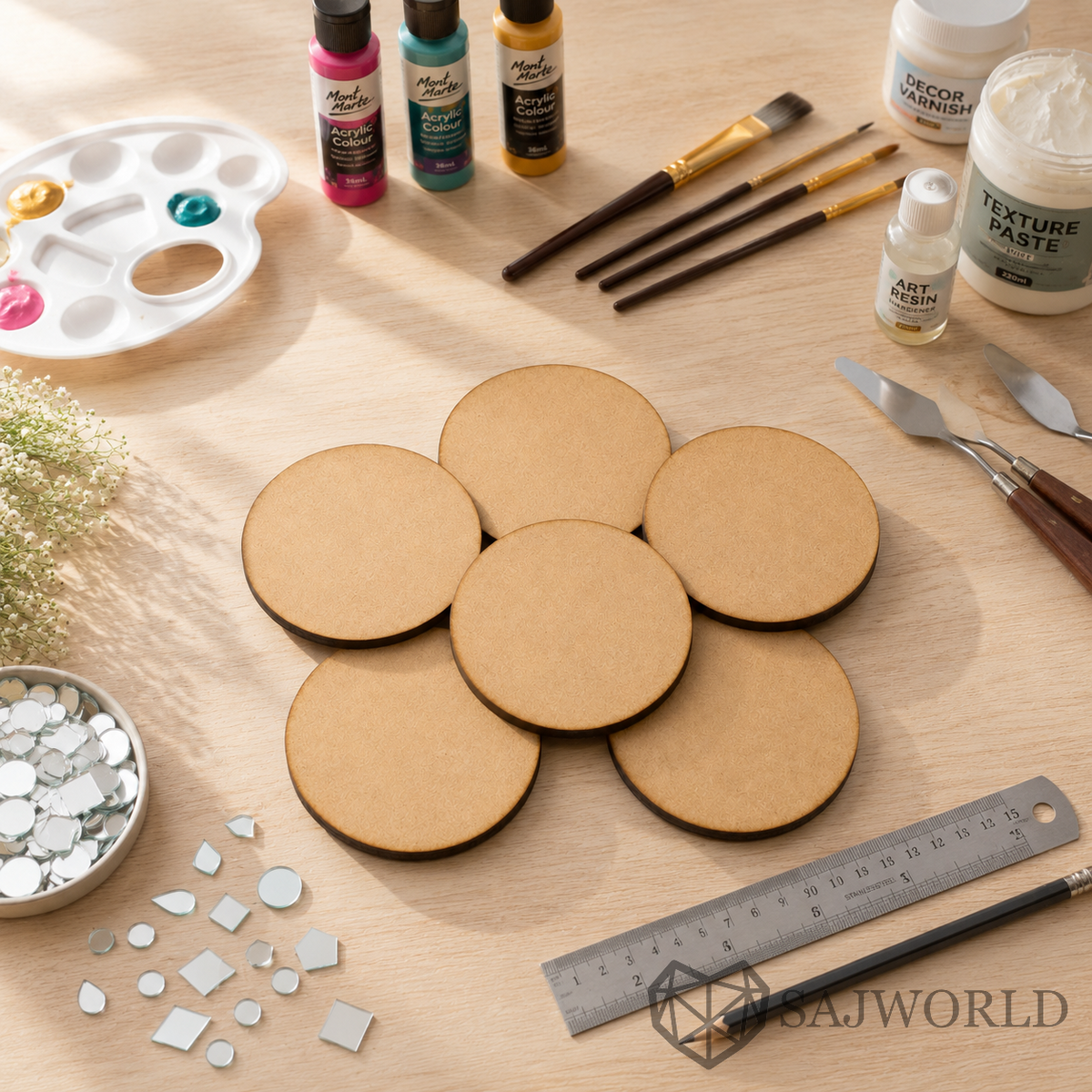 Round MDF Wooden Cutout Base for DIY Painting, Mandala, Coasters, Resin Art & Lippan Art