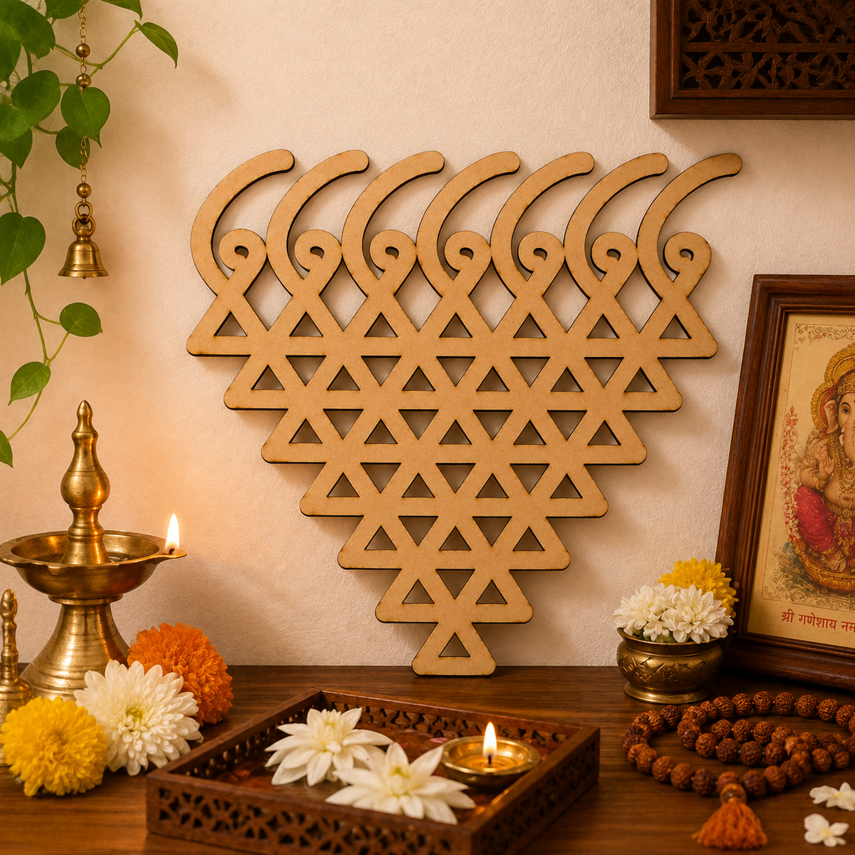 Saraswati Yantra MDF wooden cutout for Lippan art, resin art, mandala painting, pooja room décor, and DIY wall decoration.